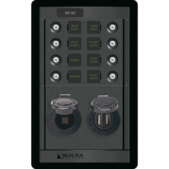 Blue Sea 1498 - 360 Panel - 8 Position 12V Panel w/Dual USB  12V Socket [1498]